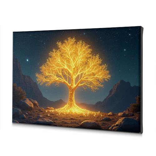 Arbre doré brillant sur toile artistique, tableau de montagne raffiné pour intérieur