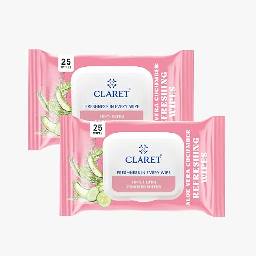Image of Claret Refreshing Wet Wipes With Aloe Vera & Cucumber For Face & Body | 25 Pulls | 100% Ultra Purified Water | pH Balanced & Alcohol-Free (Pack Of 2)