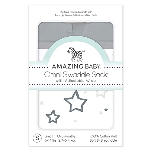 Image of Amazing Baby Omni Transitional Swaddle, Swaddle Sleep Sack with Wrap & Arms Up Sleeves & Mitten Cuffs, Gray Stars, Small, 0-3 Months