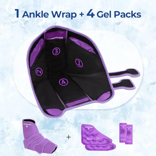 Image of KingPavonini Ankle Foot Ice Pack Wrap for Sprained Ankle /Surgery Recovery, Reusable Gel Ice Packs for Feet Injuries, Plantar Fasciitis, Achilles Tendonitis, Standard Size, Purple(1 Wrap+4 Gel Packs)