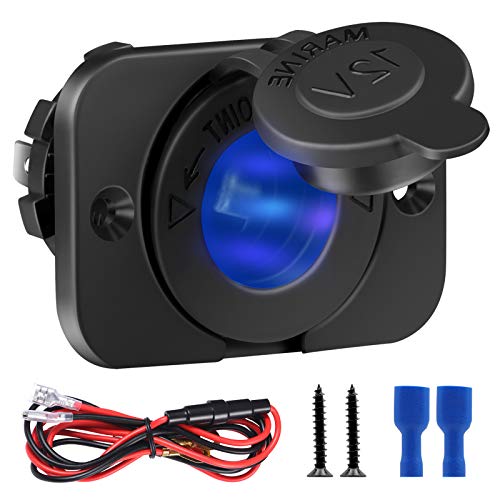 FENGWANGLI 1 Pack LED Cigarette Lighter Socket, 12V Waterproof Power Outlet Receptacle With Panel, Wire Fuses and USB for ATV RV Truck Motorcycle Yacht(Blue)