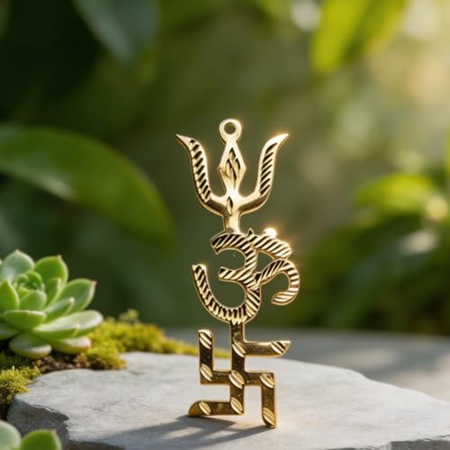 Image of Plus Value Trishakti Yantra Vastu Brass Swastik, Om, Trishul for Home, Office Main Door Protection and Decor, 5 Inch Gold, Positive Energy, Good Luck, Astrology Gift, Entrance Wall Hanging