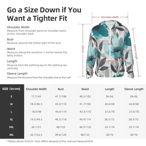 UPF 50+ Sun Protection Hoodie Long Sleeve Teal Grey and White Floral Sun Shirt Rash Guard Fishing Shirts for Men2