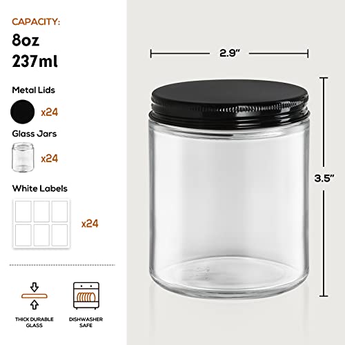 24 Pack, 8 Oz Thick Glass Jars With Metal Lids, Clear Round Candle Making Jars - Empty Food Storage Containers, Mason Canning Jar For Spice, Powder, Liquid, Sample, Lotion, Honey, Cosmetic - Dishwasher Safe #TOP1