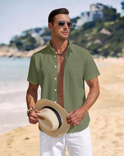 Image of J.VER Mens Linen Shirt Short Sleeve Button Down Casual Summer Shirts | Cotton Linen, Untucked, Big Tall, from Beach Camp Vacation, Cruise Fishing, Work Office, to Wedding Party Family, with Pocket
