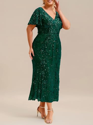 Image of Ever-Pretty Plus Women's Sequin V Neck Plus Size Prom Dress Mermaid Formal Cocktail Evening Dresses for Curvy Women