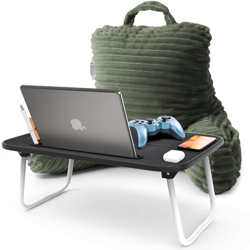 Image of Nestl Olive Green Reading Pillow with Bed Desk for Laptop and Writing, Luxe Cut Plush Back Pillow for Sitting Up, Back and Arms Adjustable Support for Kids and Teens, Foldable Lap Desk for Bed 19x11 inch