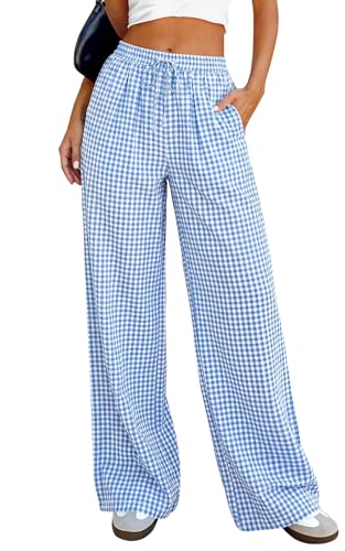 PRETTYGARDEN Floral Print Wide Leg Pants Woman with Pockets High Waist Drawstring Loose Casual Palazzo Lounge Pants Women (Plaid Blue, XX-Large)