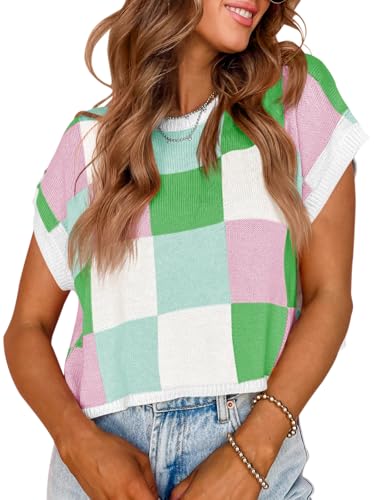 Image of Saodimallsu Womens Cap Sleeve Crop Tops Summer Color Block Going Out Crew Neck Knit Trendy Casual Sweater