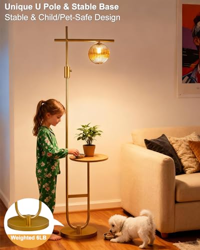 Image of Lightdot 66IN Gold Dimmable Floor Lamps with Table, Modern Standing Tall Lamp with Brown Globe Glass Shade, Cross-Shaped Head and U-Pole Base for Living Room /Sofa Beside /Corner Decor(Bulb Included)