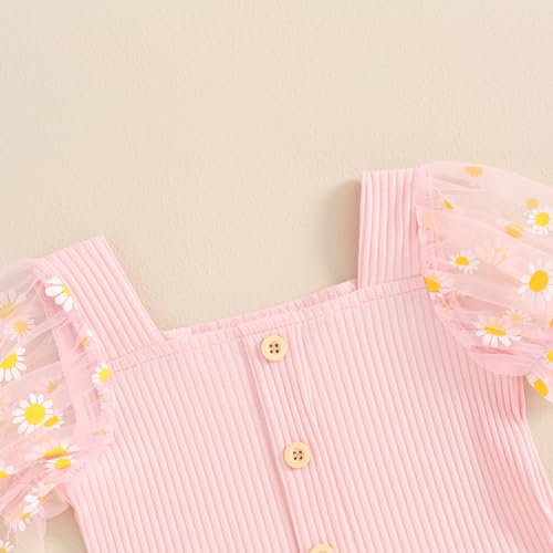 fhutpw Toddler Baby Girls Clothes Ribbed Knit Daisy Mesh Short Sleeve Crop Tops + Shorts 1T 2T 3T 4T 5T Summer Outfits4