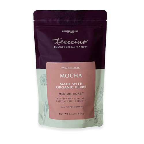 Teeccino Mocha Chicory Coffee Alternative, 1.1 Pound - Ground Herbal Coffee That’s Prebiotic, Caffeine-Free & Acid Free, Medium Roast