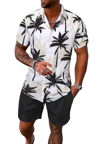 COZYEASE Men\'s Button Down Short Sleeve Shirt and Short 2 Piece Outfits Sets Summer Casual Hawaiian Beach Shirt with Shorts Black White Grey L
