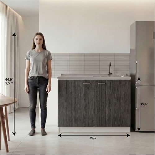 Image of Tuhome Napoles Utility Sink Base Cabinet with Integrated Stainless Steel Countertop, Freestanding Cabinet with Double Doors, Interior Shelf for Laundry Room, Utility Room, Mudroom or Kitchen