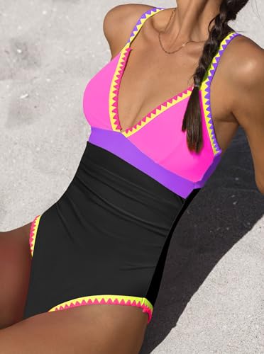 Image of popvil Women One Piece Swimsuit Colorblock Ruched Bathing Suit | Adjustable slider straps, Multi neon trim, Long torso, Detachable padding, Quick dry fabric, Beach Vacation