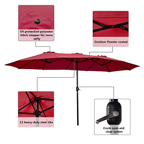 Tangkula 15 Ft Patio Umbrella Double-Sided Steel Outdoor Market Table Umbrella With Crank (Wine) #TOP7