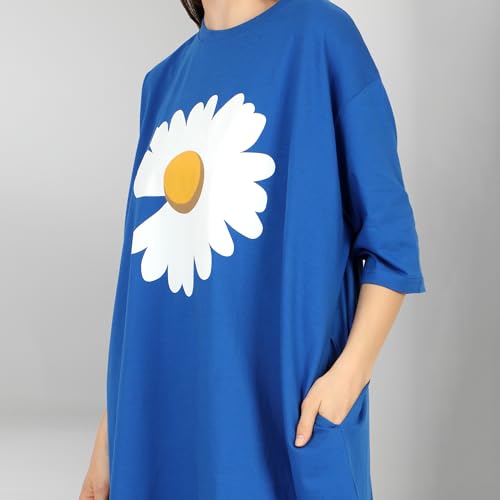 Image of LAMA STORE Women's Printed Oversized T-Shirt Dress, Cotton, 3 /4 Sleeve Length, Casual Loose Fit, Comfort Wear Extra Comfy Oversized Printed Pocket T-Shirt Dress