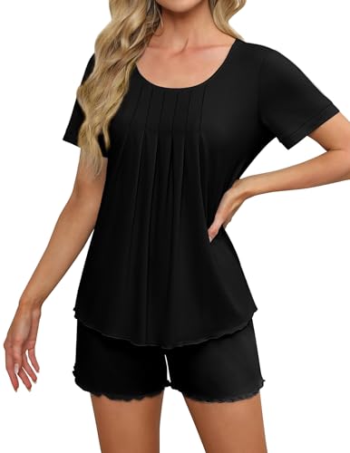 Ekouaer Damen Schlafanzug Kurz Sommer Pyjama Set Kurzarm Shorts Nachtwäsche Loungewear,Schwarz, XXL