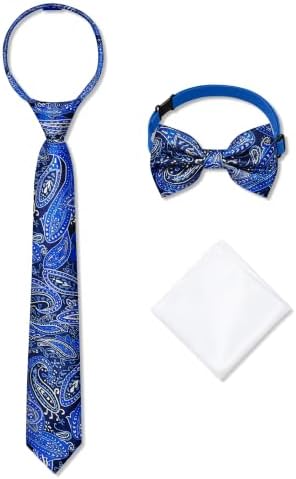 DIARY SHOW Boys Necktie Bow Tie Pocket Square Blue Paisley Big Boys