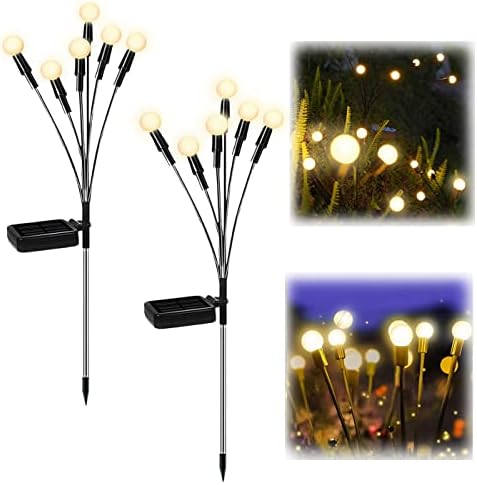 2 Pack Solar Powered Garden Firefly Lights, Starburst Sawying Light, LED Outoor Waterproof Stake Lights, Warm White Solar Garden Decorative Lights Landscape for Lawn Yard Patio Pathway Decoration