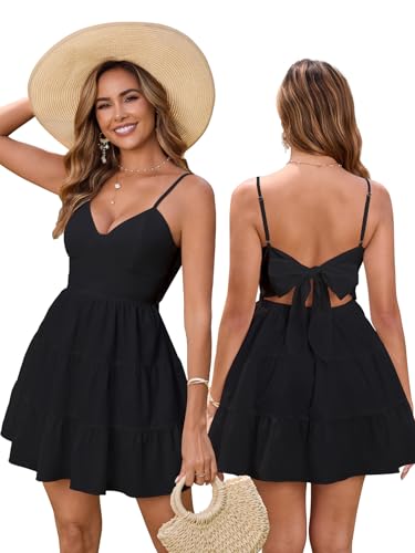 Image of HTZMO Women Summer Floral Mini Sundress Bow Tie Short Dress | V Neck Backless Ruffle A Line Flowy Cute Dresses, Boho Beach Casual Vacation Homecoming Graduation 2026
