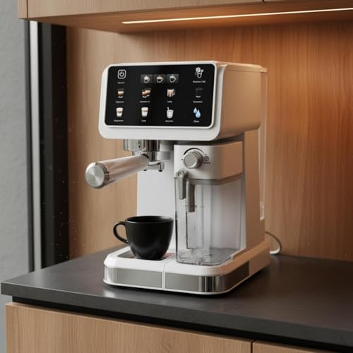 Image of Automatic Espresso Machine 6 Preprogrammed Drink Modes Espresso Machine with Milk Frother Cappuccino Latte Brewer Single-Press, White
