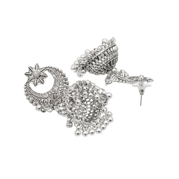 Shining Jewel Traditional Indian Antique Silver Oxidised CZ, Crystal Studded Chandbali Jhumka Earring For Women - Silver (SJE_178_S) - Image 4