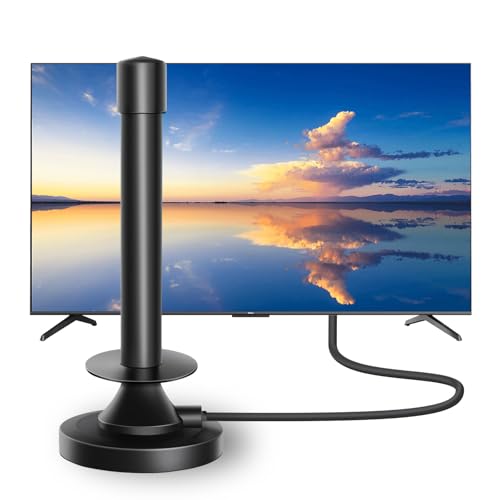 Indoor TV Aerial with Magnetic Base Range 360° Reception Freeview Compatible with Digital HDTV Strong Signal Booster Antenna with 2m Coax Cable VHF UHF DVB-T2 4k HD Channels Smart TVs Aerials