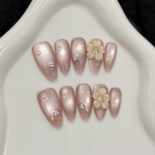 Handmade Press on Nails Almond Cat's Eye Medium Fake Nails with 3D Flower Charm Designs Pink Sparkly Cute Acrylic Nails for Women 10pcs (Size M)