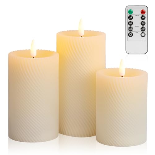Image of Real Wax Flameless Candles LED Pillar Candles with Remote Timer Set of 3 | 3D Flame Effect Warm Flickering Glow 2 /4 /6 /8H Timer Ivory Wax Candles for Wedding, Christmas & Home Fireplace Decor
