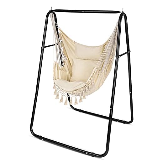 Silla hamaca con soporte, silla oscilante grande con 3 cojines, soporte para silla colgante, resistente, soporta hasta 500 libras, hamaca con soporte adecuado para interior, patio, porche