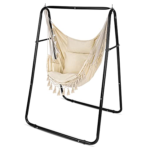 XCSOURCE Hammock Chair with Stand, Hammock Chair Swing with 3 Cushions, Hanging Chair Stand,Max Capacity 500 LBS,Heavy Duty Steel Solid Stand for Swing Chair,Suitable for Indoor,Outdoor (Beige)