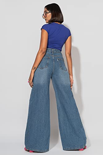 Image of FREAKINS Womens Cotton High Waist Distressed Wide Flare Jeans Regular