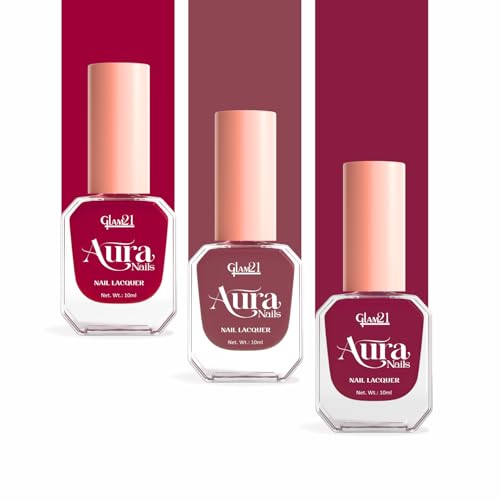 Image of Glam21 Aura Nails Nail Lacquer |Long-Lasting, Quick-Dry, High-Shine Nail Enamel|Chip-Free Formula|Smooth Application & Vibrant Finish| 10ml Each | 10ml, Pack Of 3 (Rose Rave,Dusty Rose & Blush Beat)