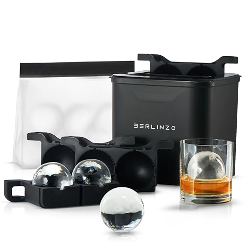 Berlinzo Premium Clear Ice Ball Maker Mold - 4 Large 2.4' Crystal Clear Ice Balls for Whiskey, Cocktails & Bourbon - Easy-to-Remove Mold for Ice Spheres - XL Storage Bag Included (Non-Electric)