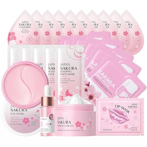 Kit Per La Cura Della Pelle Sakura, Set per la Cura Della Pelle Sakura, Kit Idratante Viso con Siero,Crema, Maschera Viso, Maschera Labbra, Maschera Occhi, Maschera Detergente, Tonico, Detergente
