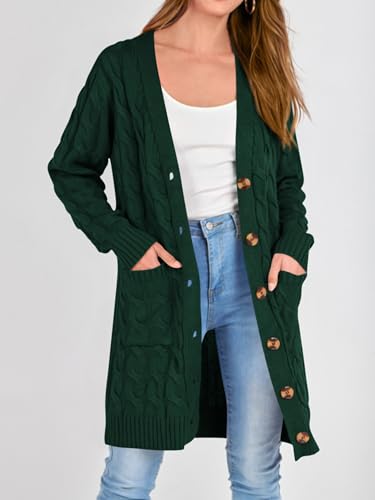 Image of PRETTYGARDEN Long Sleeve Cable Knit Long Cardigan for Women 2026 Spring Winter Chunky Open Front Button Sweaters with Pockets