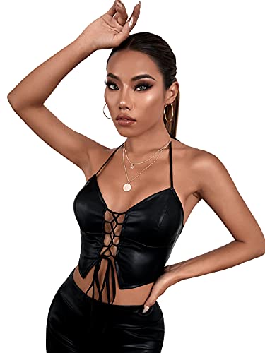 SheIn Women s V Neck Wrap Leather Camisole Sleeveless Strappy Crop Cami Tops Dark Black Medium