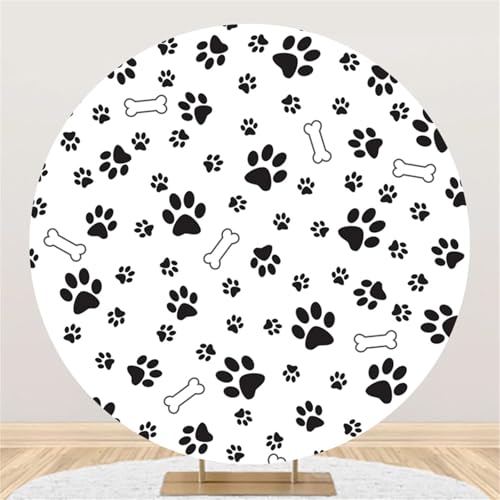 Toile de fond ronde empreintes de chien noir et blanc 2,1x2,1m