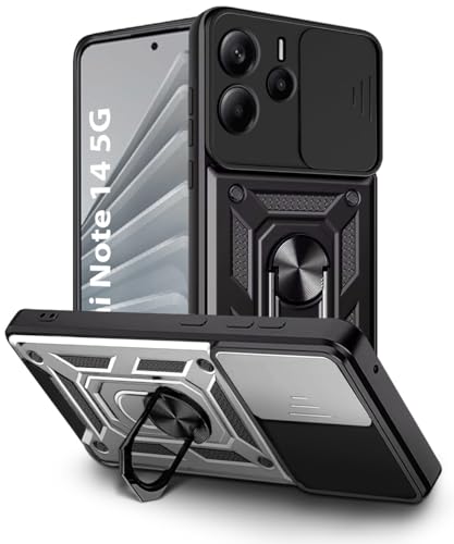 Image of WOW IMAGINE Tough Armor Bumper Mobile Back Case for Redmi Note 14 SE 5G | Redmi Note 14 5G Sliding Camera Cover | Shock Proof 360 Protection | Hybrid PC + TPU | Ring Holder with Kickstand - Black