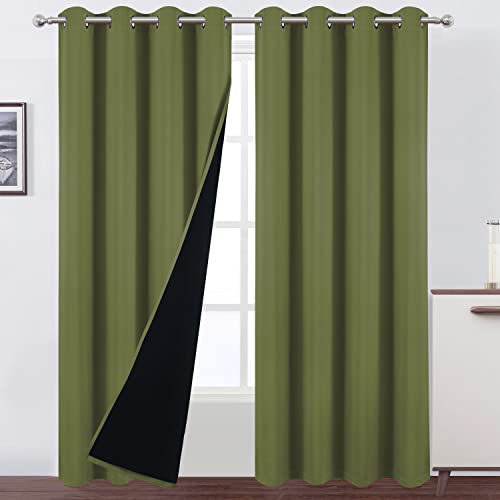 LEMOMO 100% Blackout Curtains 52 x 84 Inch/Olive Green Curtains 2 Panels with Black Lining Room Darkening Thermal Insulated Bedroom Curtains