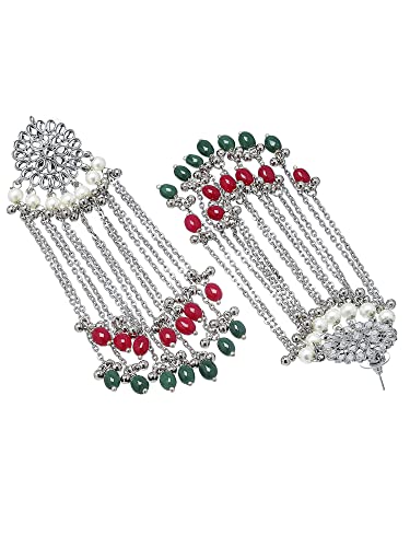 Image of Karatcart Kundan Tassel Earrings for Women (Pink and Green Beads)