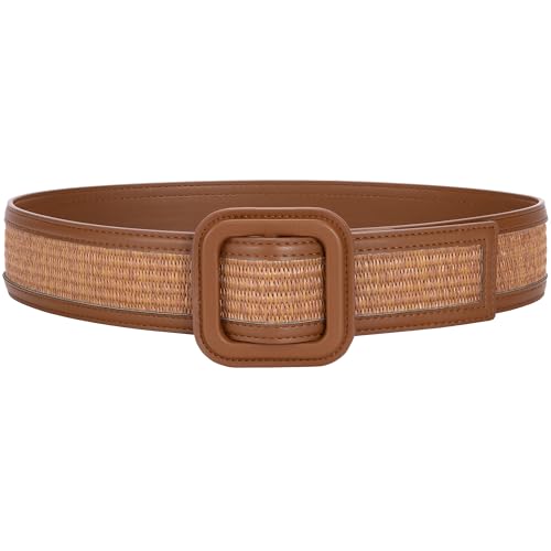 TRIWORKS Straw Woven Belts for Women Wide Waist Leather Boho Briaded Belt NoHole Adjustable for Dresses