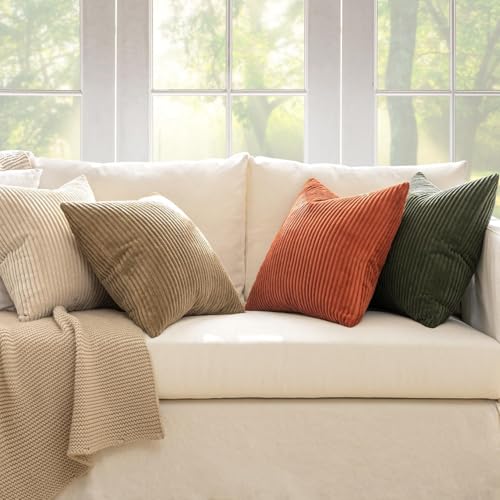 Image of MIULEE Boho Farmhouse Throw Pillow Covers 24x24 Inch Set of 4 Mordern Rust-Olive Green Cushion Covers Soft Corduroy Nordic Home Decor for Spring Couch Bed Sofa Living Room