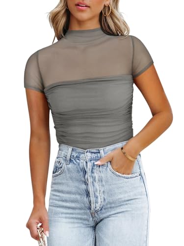 Image of REORIA Women's Sexy Mock Turtle Neck Short Sleeve Shirts Sheer Mesh Ruched Trendy Going Out Bodysuits Tops