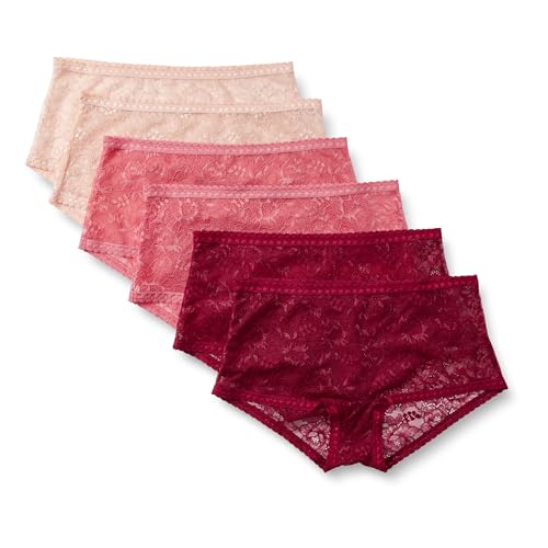 Amazon Essentials Pantalón Corto Infantil de Encaje Elástico Integral Mujer, Pack de 6, Burdeos/Pétalo Claro/Rosa Magenta, 46