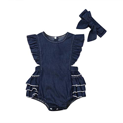 Newborn Kids Baby Girls Clothes Floral Jumpsuit Romper Playsuit Backless Ruffle Headband Sunsuit Outfits (Z-Denim, 0-6 Months)