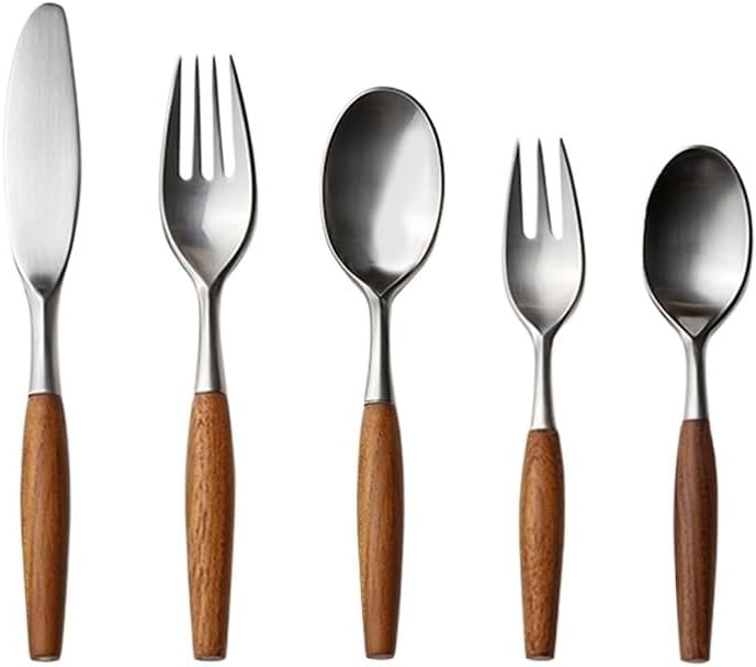 5/20/30/40 Pieces Wooden Handle 304 Stainless Steel Table Knives, Forks and Spoons, Home Tableware, Restaurant Tableware,Silver,5 Pieces for 1，Silver 40 Pieces for 8