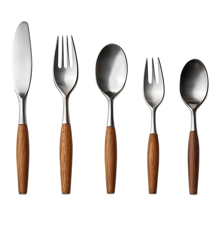 Set Cubiertos Cocina 5 Piezas Acero Inox y Madera