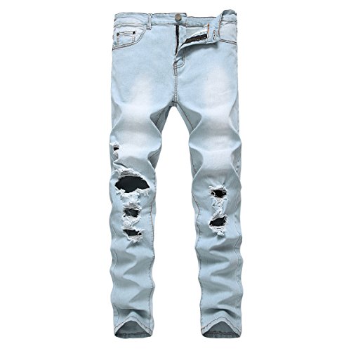 PrettyChic Men's Skinny Denim Ripped Distressed Slim Fit Destroyed Hole Causal Jeans, Light Blue, 42